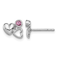 Sterling Silver Rhodium-plated Polished Pink Crystal Double Heart Petite Post Earrings view 1