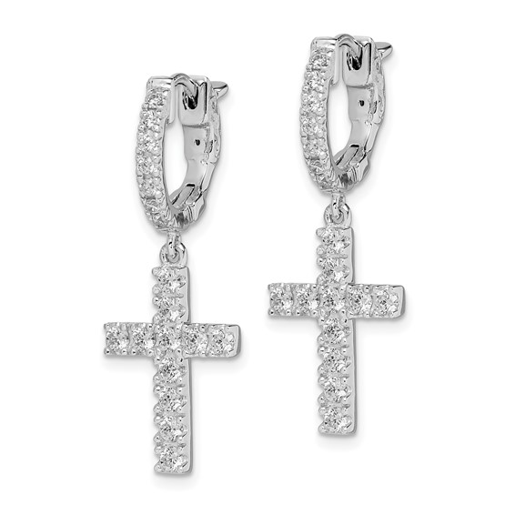 Sterling Silver CZ Cross Dangle Hinged Hoop Earrings