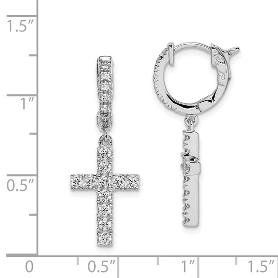 Sterling Silver CZ Cross Dangle Hinged Hoop Earrings