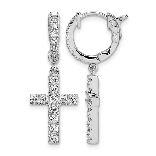 Sterling Shimmer Sterling Silver Rhodium-plated 36 Stone CZ Cross Dangle Hinged Hoop Earrings