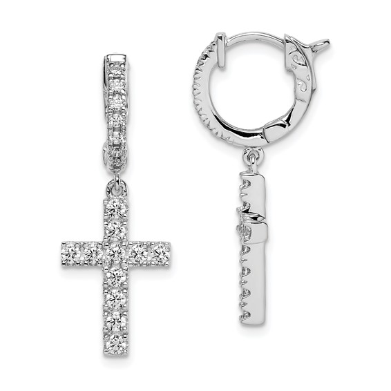 Sterling Silver CZ Cross Dangle Hinged Hoop Earrings
