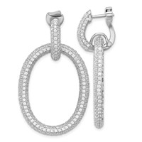 Sterling Silver Rhodium-plated CZ Oval Hinged Hoop Dangle Earrings view 1
