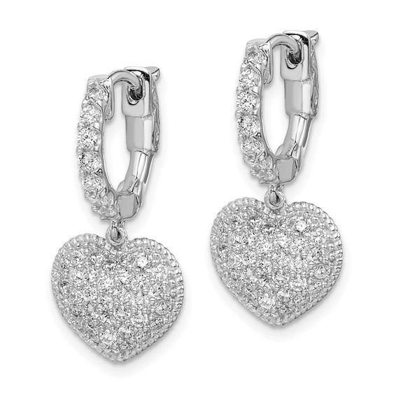 Sterling Shimmer Sterling Silver Rhodium-plated 86 Stone CZ Pavé Heart Dangle Hinged Hoop Earrings