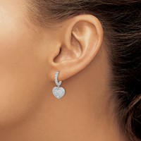 Sterling Shimmer Sterling Silver Rhodium-plated 86 Stone CZ Pavé Heart Dangle Hinged Hoop Earrings view 3