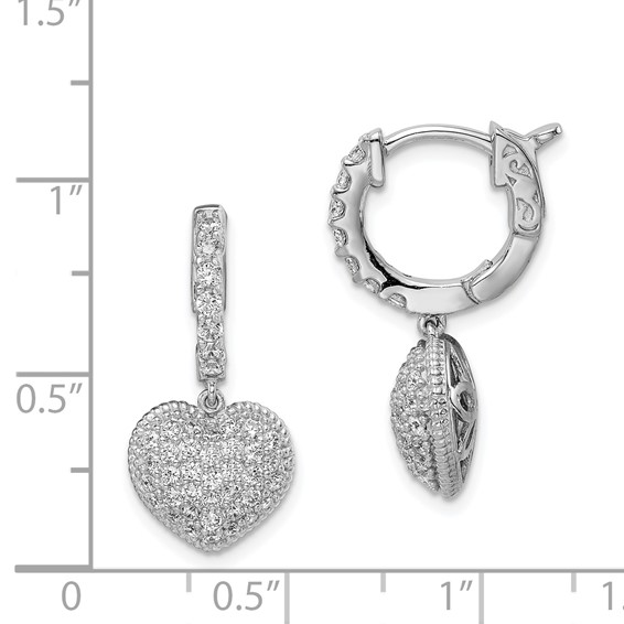 Sterling Shimmer Sterling Silver Rhodium-plated 86 Stone CZ Pavé Heart Dangle Hinged Hoop Earrings