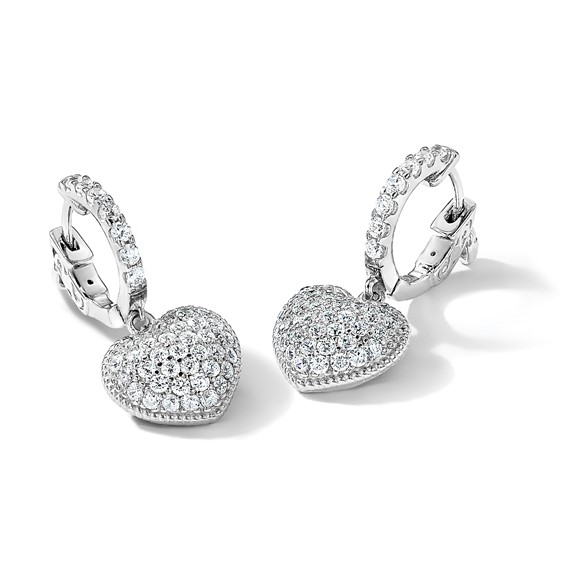 Sterling Shimmer Sterling Silver Rhodium-plated 86 Stone CZ Pavé Heart Dangle Hinged Hoop Earrings