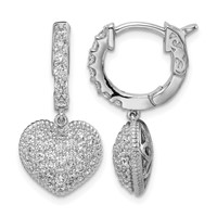 Sterling Shimmer Sterling Silver Rhodium-plated 86 Stone CZ Pavé Heart Dangle Hinged Hoop Earrings view 1