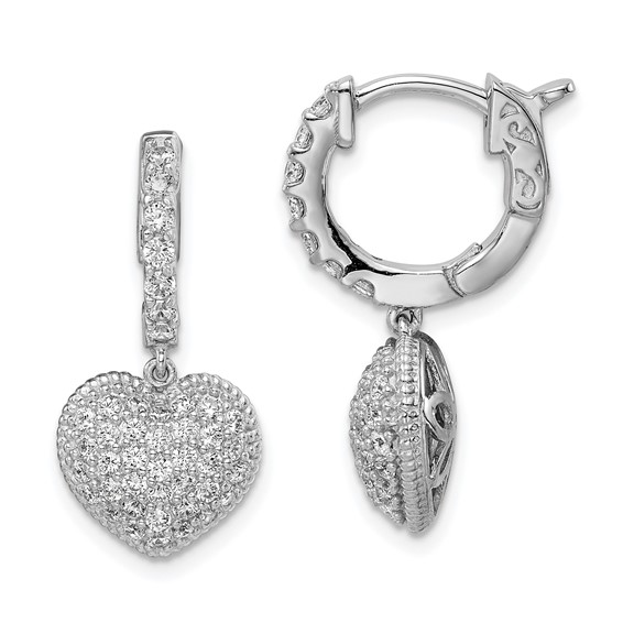 Sterling Shimmer Sterling Silver Rhodium-plated 86 Stone CZ Pavé Heart Dangle Hinged Hoop Earrings