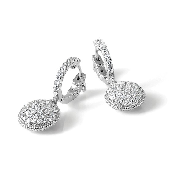 Sterling Shimmer Sterling Silver Rhodium-plated 88 Stone CZ Pavé Circle Dangle Hinged Hoop Earrings