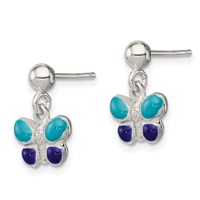 Sterling Silver Polished Blue & Purple Enameled Butterfly Post Dangle Earrings view 2