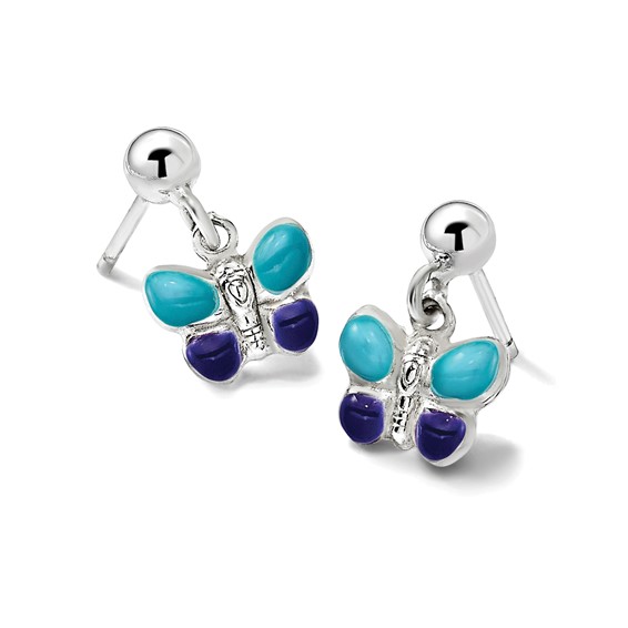 Sterling Silver Polished Blue & Purple Enameled Butterfly Children's Post Dangle Earrings