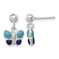 Sterling Silver Polished Blue & Purple Enameled Butterfly Post Dangle Earrings view 1