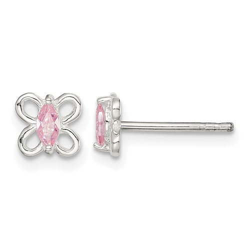 Sterling Silver Polished Pink CZ Petite Butterfly Post Earrings
