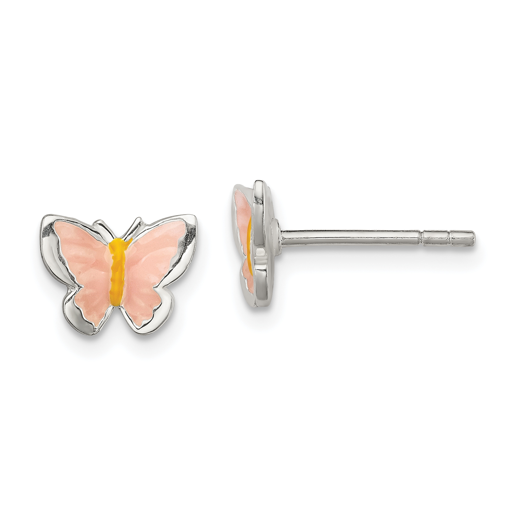 Sterling Silver Polished Pink & Orange Enameled Butterfly Children's Post Earrings (QE11310)