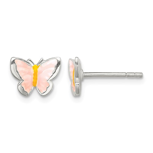 Sterling Silver Polished Pink and Orange Enameled Petite Butterfly Post Earrings