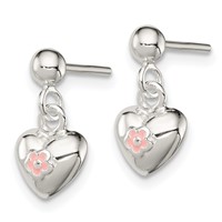Sterling Silver Polished Pink Enamel Flower Heart Post Dangle Earrings view 2