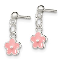 Sterling Silver Polished Pink Enameled Flower Post Dangle Earrings view 2