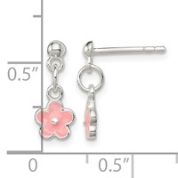 Sterling Silver Polished Pink Enameled Flower Post Dangle Earrings view 4
