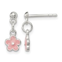 Sterling Silver Polished Pink Enameled Flower Post Dangle Earrings view 1