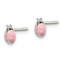 Sterling Silver Polished Pink and Black Enameled Ladybug Petite Post Earrings view 2