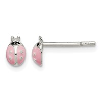 Sterling Silver Polished Pink and Black Enameled Ladybug Petite Post Earrings view 1