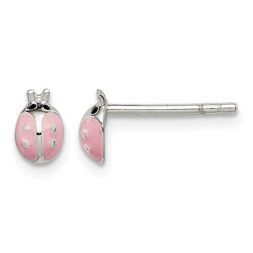 Sterling Silver Polished Pink and Black Enameled Ladybug Petite Post Earrings