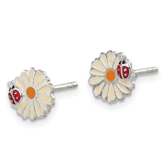Sterling Silver Polished & Multi-color Enameled Flower & Ladybug Children's Post Earrings