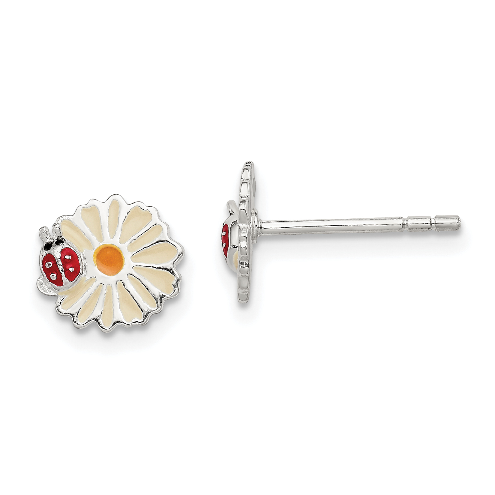 Sterling Silver Polished & Multi-color Enameled Flower & Ladybug Children's Post Earrings (QE11329)