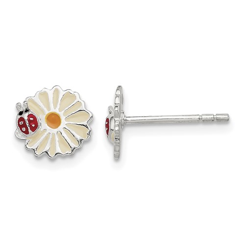 Sterling Silver Polished Enameled Daisy & Ladybug Post Earrings