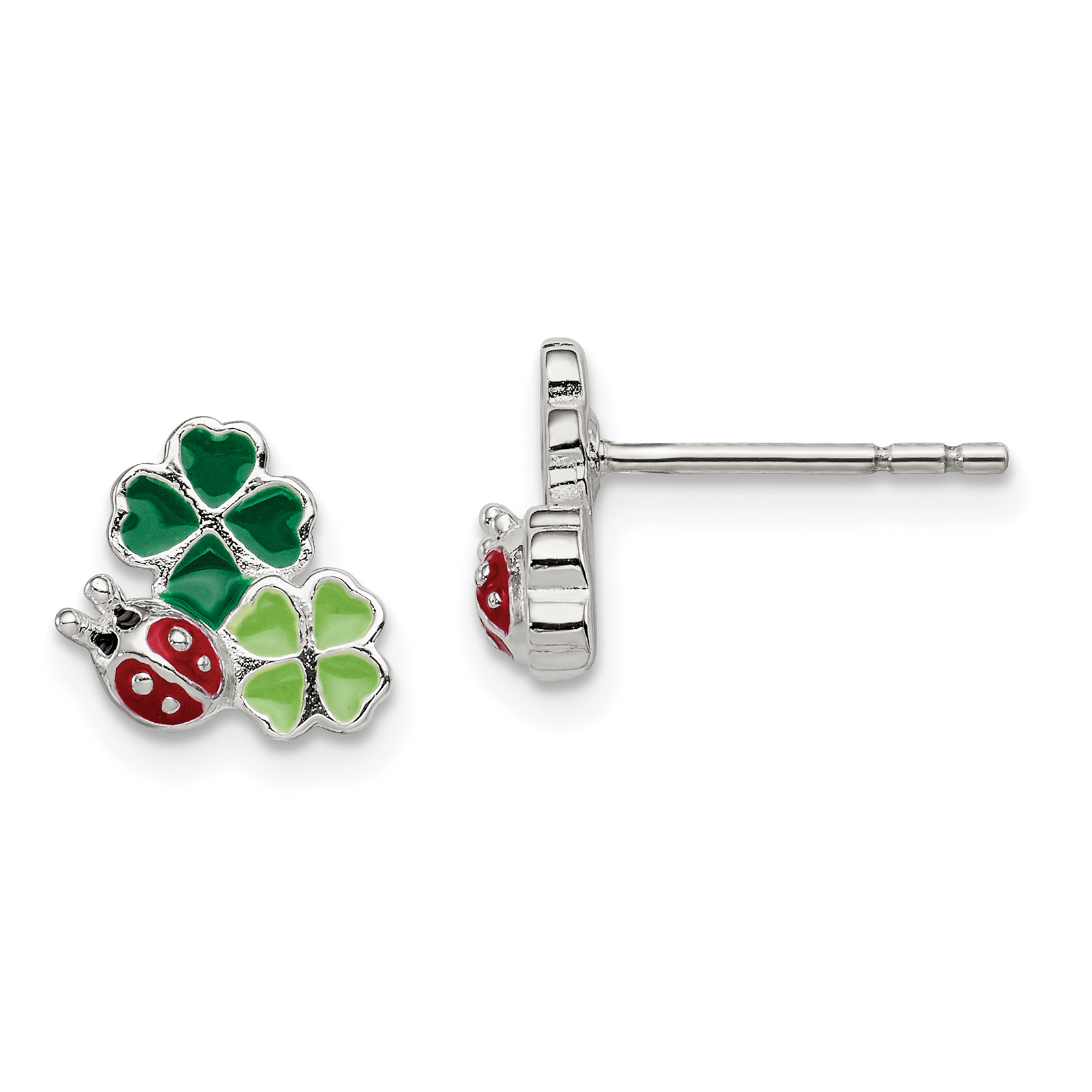 Sterling Silver Enamel Ladybug & Clovers Children's Post Earrings (QE11330)