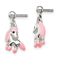 Sterling Silver Polished Pink & Black Enameled Horse Post Dangle Earrings view 2