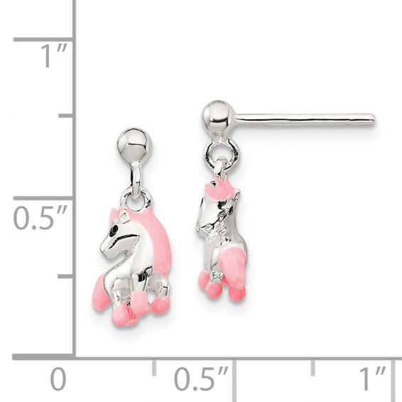 Sterling Silver Polished Pink & Black Enameled Horse Children's Post Dangle Earrings