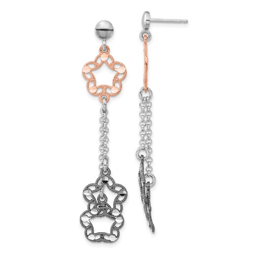 Sterling Silver Rose-tone Ruthenium-plated D C Flower Dangle Earrings