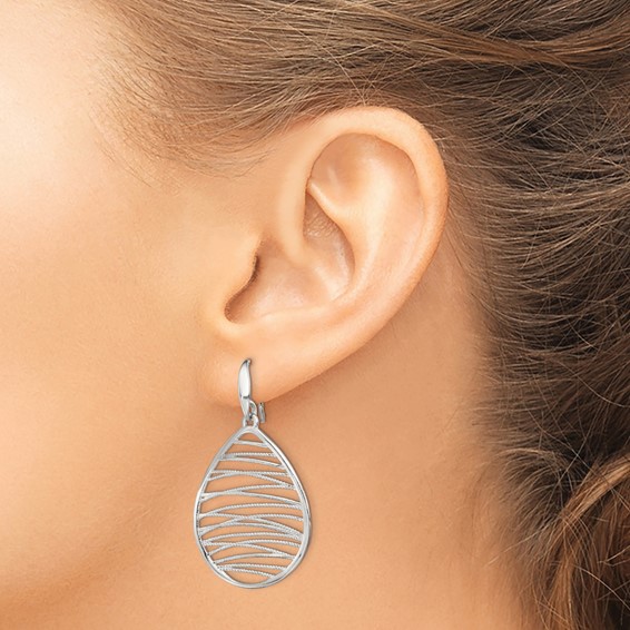 Sterling Silver Rhod-pltd Polished/Textured Teardrop Dangle Earrings