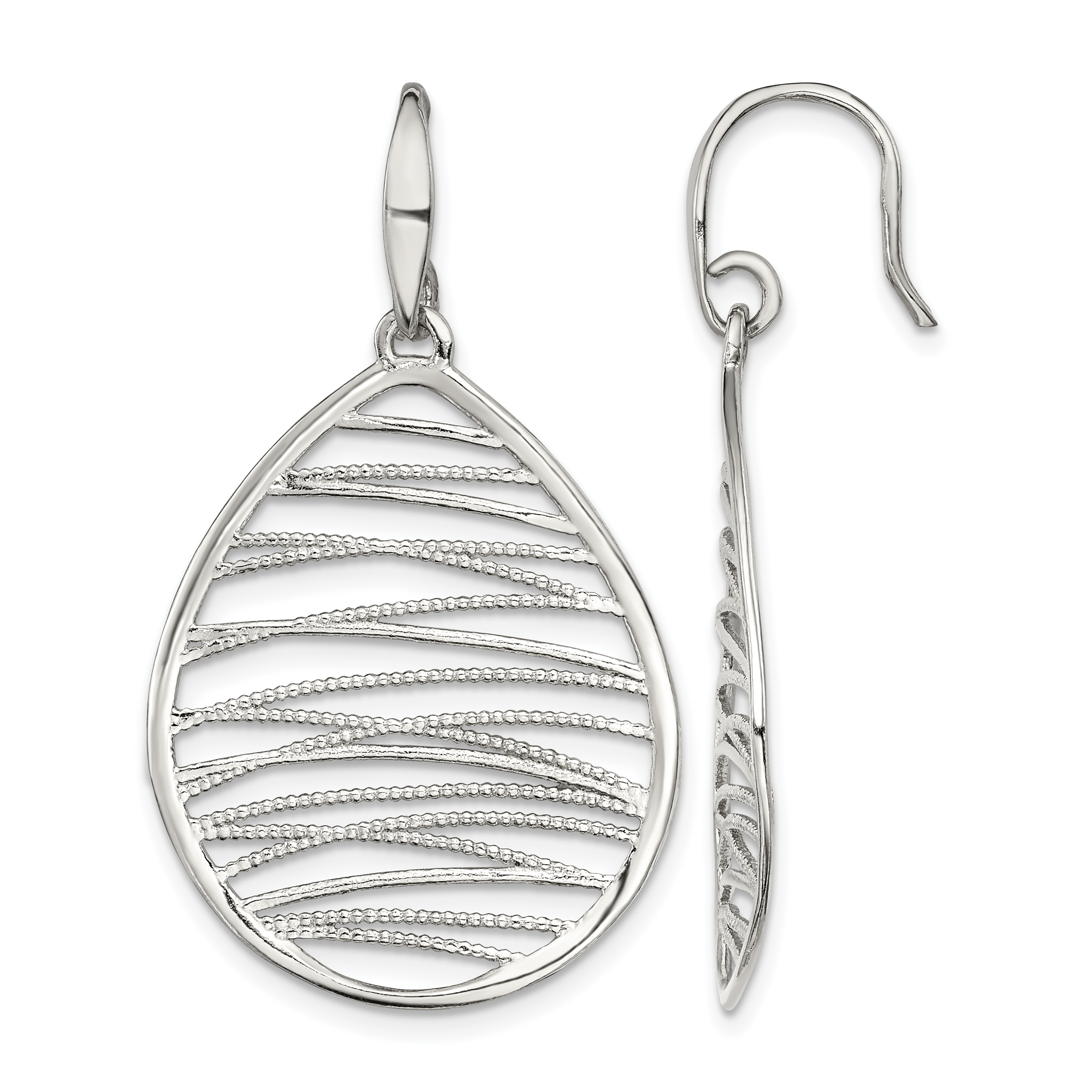 Sterling Silver Rhod-pltd Polished/Textured Teardrop Dangle Earrings (QE11425)