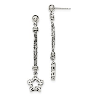 Sterling Silver CZ Star 2 Strand Diamond Cut Post Dangle Earrings