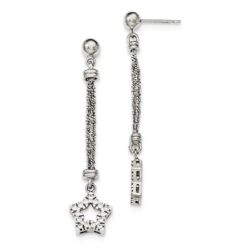 Sterling Silver CZ Star 2 Strand Diamond Cut Post Dangle Earrings