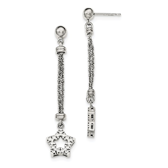Sterling Silver CZ Star 2 Strand Diamond Cut Post Dangle Earrings