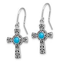 Sterling Silver Antiqued Recon Turquoise Cross Shepherd Hook Earrings view 2