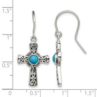 Sterling Silver Antiqued Recon Turquoise Cross Shepherd Hook Earrings view 4