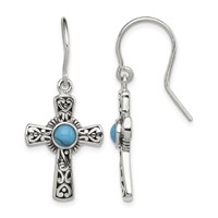Sterling Silver Antiqued Recon Turquoise Cross Shepherd Hook Earrings view 1