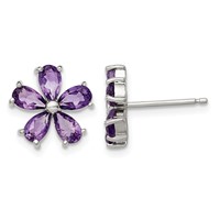 Sterling Silver Rhodium Plated Amethyst Floral Earrings view 1
