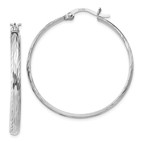 Sterling Silver Rhodium-plated 2.5mm Textured Round Hoops