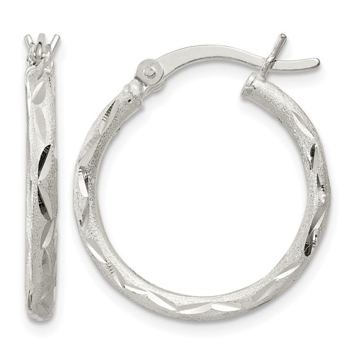 Sterling Silver Satin Diamond-cut 2x 20mm Hoop Earrings