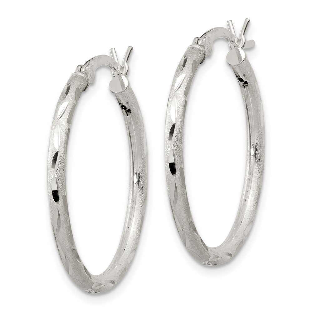 Sterling Silver Satin Diamond-cut 2x25mm Hoop Earrings (QE11495)