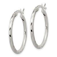 Sterling Silver Satin Diamond-cut 2x25mm Hoop Earrings view 2