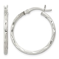 Sterling Silver Satin Diamond-cut 2x25mm Hoop Earrings view 1