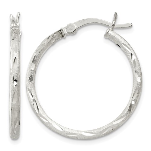 Sterling Silver Satin Diamond-cut 2x 25mm Hoop Earrings