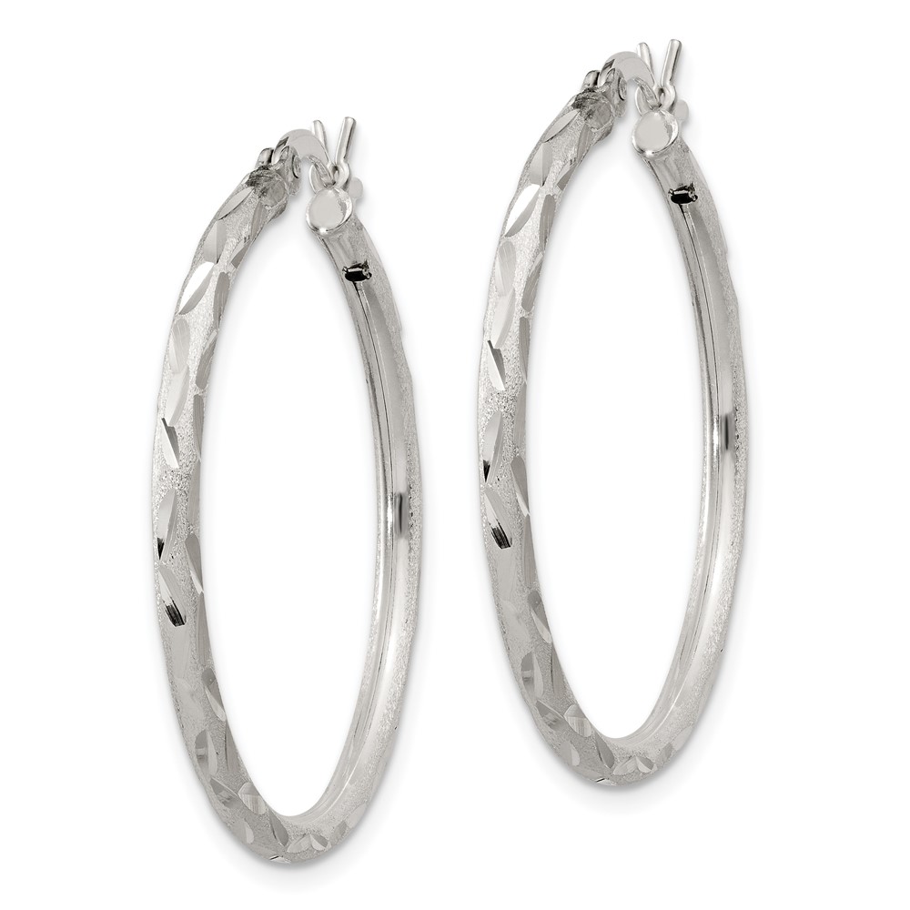 Sterling Silver Satin Diamond-cut 2x31mm Hoop Earrings (QE11496)