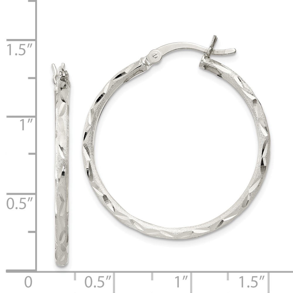 Sterling Silver Satin Diamond-cut 2x31mm Hoop Earrings (QE11496)